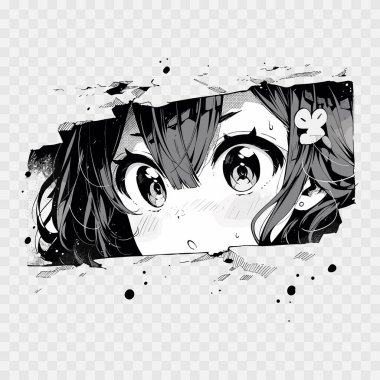 Kâğıt yırtığından bakan manga gözler. Siyah ve beyaz. Anime kızı saydam arka planda tek başına dikizleniyor. Vektör illüstrasyonu EPS10