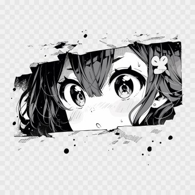 Manga eyes looking from a paper tear. Black and white color. Anime girl peeps out isolated on transparent background. Vector illustration EPS10 clipart