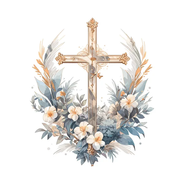 Salib Bunga Air Graphic Easter Cross Clipart Spring Floral Arrangements - Stok Vektor