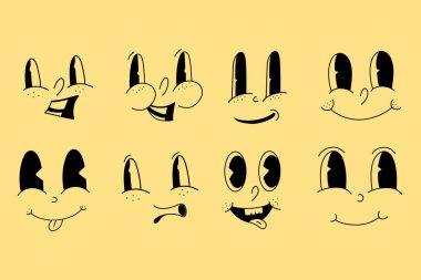 Harika komik suratlar. Retro çizgi film Emoji Set. Çizgi film karakteri yüzleri koleksiyonu, farklı duygularla, mutlu, kızgın, üzgün, neşeli..