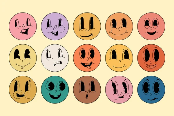 Groovy comic faces. Retro Cartoon Emoji Set. Collection of cartoon character faces, in different emotions, happy, angry, sad, cheerful.
