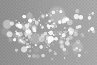 Soyut ışık efekti. Işıklar şeffaf arkaplanda izole edilmiş. Parlayan tozun Noel arkaplanı. Parlayan ışık konfetileri. Toz ışığı.