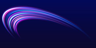 Hız polis hattı. Lazer ışınları, yatay ışık ışınları. Sihirli parlak neon ışık çizgileri. Mor parlak dalga girdabı, itici kablo hatları. Yüksek hız etkisi gece ışıklarını bulanıklaştırır