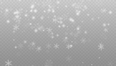 Kar taneleri ve bulutlarla yağan gerçekçi kar. Şiddetli kar yağışı, farklı şekil ve formlarda kar taneleri. Şeffaf arkaplanda pek çok beyaz soğuk pullu element.
