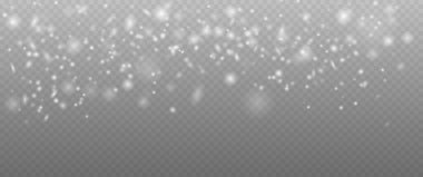 Kar taneleri ve bulutlarla yağan gerçekçi kar. Şiddetli kar yağışı, farklı şekil ve formlarda kar taneleri. Şeffaf arkaplanda pek çok beyaz soğuk pullu element.