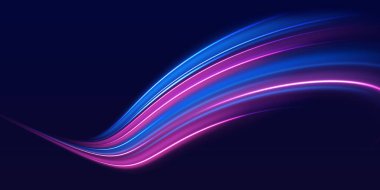 Hız polis hattı. Lazer ışınları, yatay ışık ışınları. Sihirli parlak neon ışık çizgileri. Mor parlak dalga girdabı, itici kablo hatları. Yüksek hız etkisi gece ışıklarını bulanıklaştırır