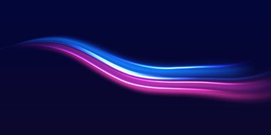 Hız polis hattı. Lazer ışınları, yatay ışık ışınları. Sihirli parlak neon ışık çizgileri. Mor parlak dalga girdabı. Yüksek hız etkisi gece lambalarını bulanıklaştırır. Vektör illüstrasyonu EPS10