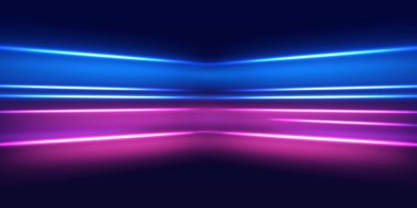 Hız polis hattı. Lazer ışınları, yatay ışık ışınları. Sihirli parlak neon ışık çizgileri. Mor parlak dalga girdabı, itici kablo hatları. Yüksek hız etkisi gece ışıklarını bulanıklaştırır