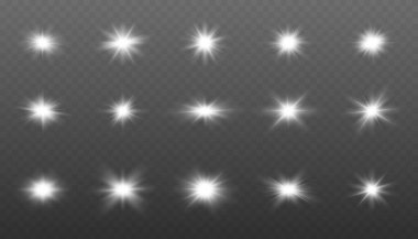 Yıldız Işıltısı: Şeffaf Arkaplanda Altın ve Siyah Vektör Yıldız Simgeleri Ayarlandı. Işık efektleri, ışın, ışıltı, çizgi, ışıltı, beyaz. Soyut izole edilmiş eğri lensi parlat