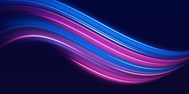 Hız polis hattı. Lazer ışınları, yatay ışık ışınları. Sihirli parlak neon ışık çizgileri. Mor parlak dalga girdabı, itici kablo hatları. Yüksek hız etkisi gece ışıklarını bulanıklaştırır