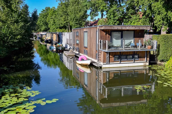 stock image Utrecht, netherlands - August 2022: House boats moored on a canal near the cnetre of the city