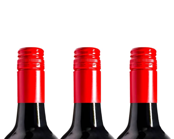 Tops Unbranded Red Wine Bottles Row Isolated Plain White Background — Stock Photo, Image