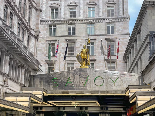 stock image London, England - August 2021: Sign on the canopy over the entrance to the Savoy Hotel in central London