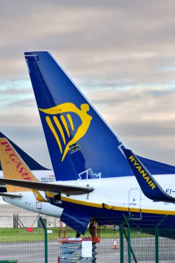 St Athan, Wales - Kasım 2022: Bir Ryanair Boeing 737 'nin kuyruk yüzgeci ve kanadı Güney Galler' deki St. Athan havaalanındaki Caerdav havacılık bakım şirketinin hangarının önüne park edildi.