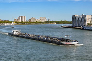Rotterdam, Nertherlands - August 2022:  Oil tanker ship Quadrans I sailing on the Nieuwe Maas river.