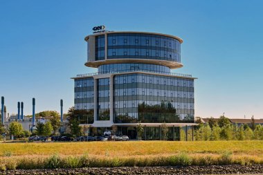 Dordrecht, Netherlands - August 2022: Exterior of the office building of Fokker Technologies on the riverside in the city