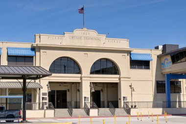Galveston, Texas - February 2023: Entrance to the historic cruise terminal building on Pier 23 and Pier 26, which was built in 1927