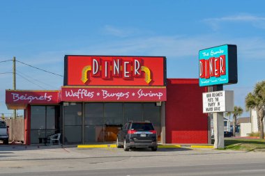 Galveston, Texas - February 2023: Traditional American diner on the seafront seafront road