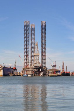 Galveston, Texas, USA - Febriuary 2023: Oil rig in the city's port for maintenance and repair
