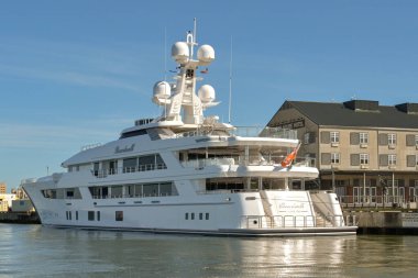 Galveston, Texas - February 2023: Luxury superyacht Boardwalk owned by billionaire Tilman Fertitta. He owns the Golden Nugget Hotel and Casino and the Houston Rockets