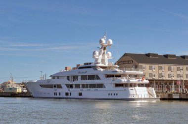 Galveston, Texas - February 2023: Luxury superyacht Boardwalk owned by billionaire Tilman Fertitta. He owns the Golden Nugget Hotel and Casino and the Houston Rockets