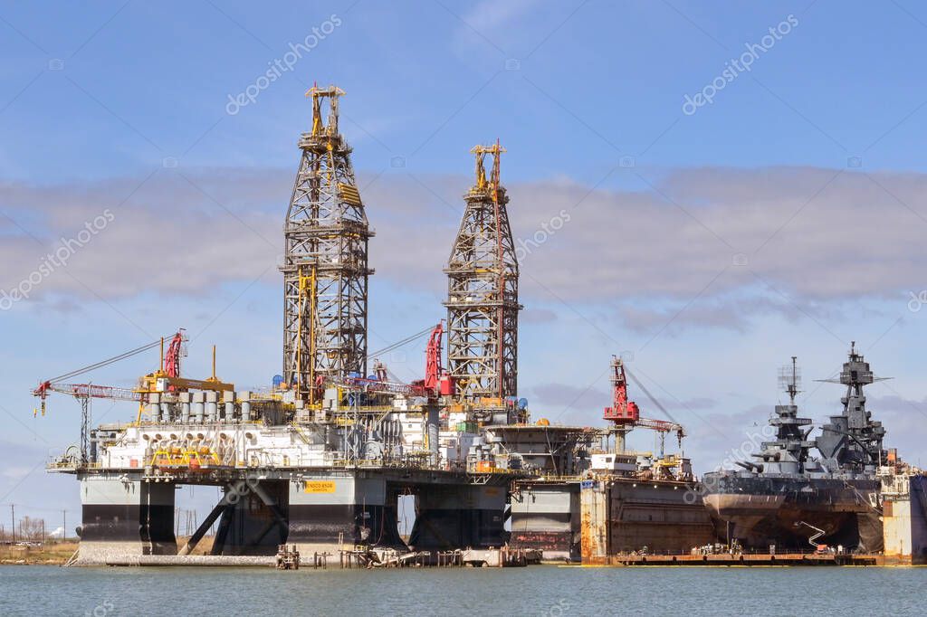 Galveston, Texas, USA Febriuary 2023 Oil rigs in the city's port for
