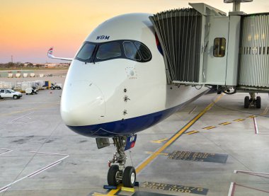 Austin, Texas - February 2023: Close up head on view of a British Airways Airbus A350 passenger jet (registration G-XWBM) at the city's airport.