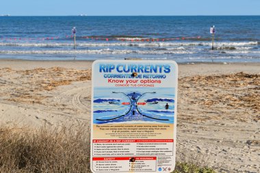 Galveston, Texas, USA - February 2023: Warning sign informing visitors to the beach about the danger of rip currents in the sea clipart