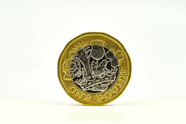 Moneda Británica Una Libra Pie Borde Aislado Contra Fondo Blanco —  Fotos de Stock