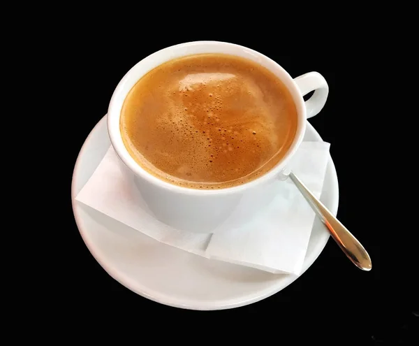 Close Widok Białą Filiżankę Gorącej Piankowej Kawy Białym Spodku Gładkim — Zdjęcie stockowe