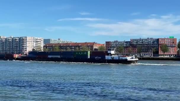 Rotterdam Netherlands August 2022 Industrial Barge Transporting Shipping Containers Rhine — Stock Video