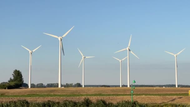 比利时安特卫普 2022年8月 风电涡轮机在黄昏时慢速旋转的景观视图 没有人 — 图库视频影像