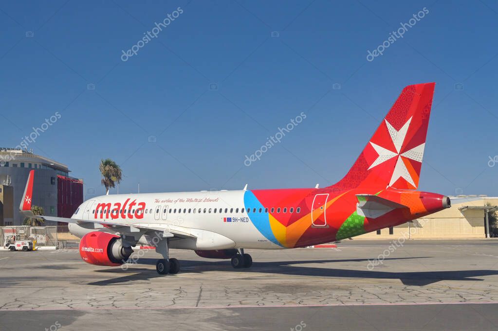 Luqa, Malta - 7 August 2023: Air Malta Airbus A320 Neo jet parked at the island's international airport.