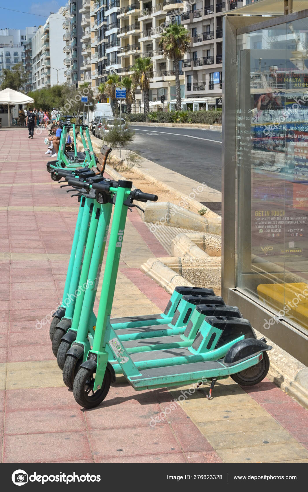 Sliema Malta August 2023 Row Electric Scooters Rent Parked Row Stock
