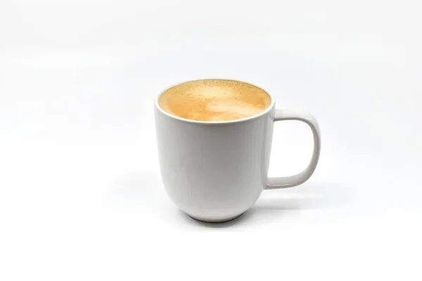 Mug Hot Frothy Coffee Isolated Plain White Background Copy Space — Stock Photo, Image