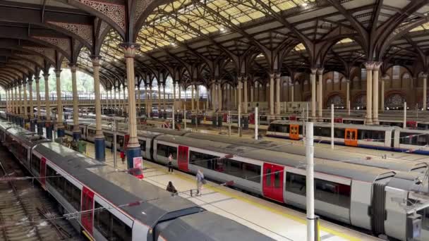 London Storbritannien Augusti 2023 Tåg Längs Plattformar Liverpool Street Järnvägsstation — Stockvideo