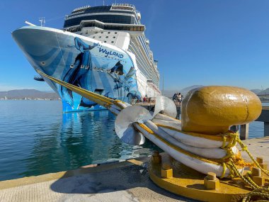 Manzallio, Mexicivo - 16 Ocak 2024: Manzanillo limanındaki arka planda Norveç Bliss yolcu gemisinin demirleme noktası ve halatları