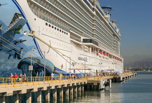 Manzallio, Mexicivo - 16 Ocak 2024: NCL tarafından işletilen Norveç Saadet Gemisi yolcuları ayrılıp geri dönüyorlar