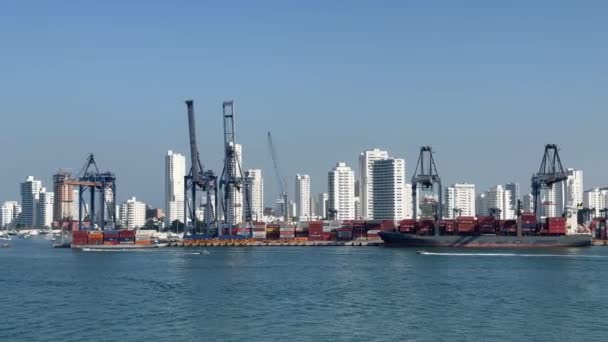 카르타헤나 콜롬비아 2024년 24일 도시의 상업용 항구에 컨테이너 크레인 왼쪽에서 — 비디오