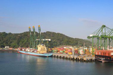 Panama Şehri, Panama - 23 Ocak 2024: Panama limanına yanaşan konteyner gemisi Jens Maersk 'in yükünü boşaltan vinçlerin geniş açı görüntüsü