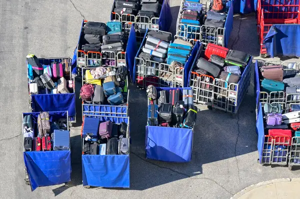 Los Angeles, Kaliforniya, ABD - 12 Ocak 2024: Bir yolcu gemisine yüklemek için valiz dolusu valiz