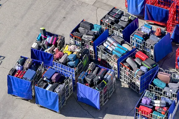 Los Angeles, Kaliforniya, ABD - 12 Ocak 2024: Bir yolcu gemisine yüklemek için valiz dolusu valiz