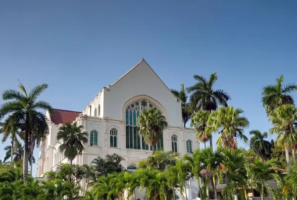 Panama Şehri, Panama - 22 Ocak 2024: Panama Şehri 'nin merkezi yakınlarında palmiye ağaçları olan kilise.
