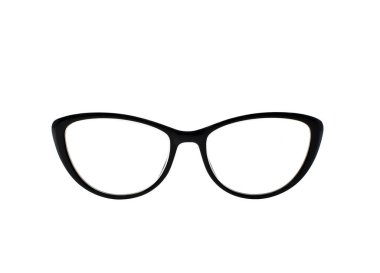 Düz beyaz arka planda siyah çerçeveli bir çift gözlük. Ön manzara. Boşluğu kopyala.