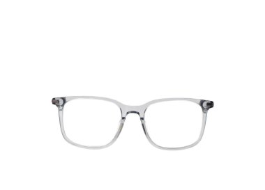 Düz beyaz arka planda izole edilmiş transparetn gri çerçeveli bir çift gözlük. Ön manzara. Boşluğu kopyala.