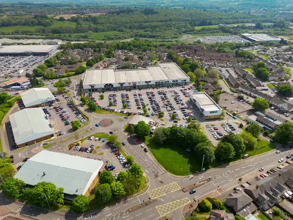 stock image Talbot Green, Wales, UK - 11 May 2024: Drone aerial view of the retail park in the village of Talbot Green in south Wales