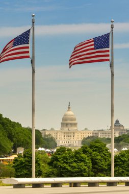 Washington DC, ABD - 2 Mayıs 2024: Amerika Birleşik Devletleri bayrağı, Yıldızlar ve Şeritler, arka planda Capitol Binası