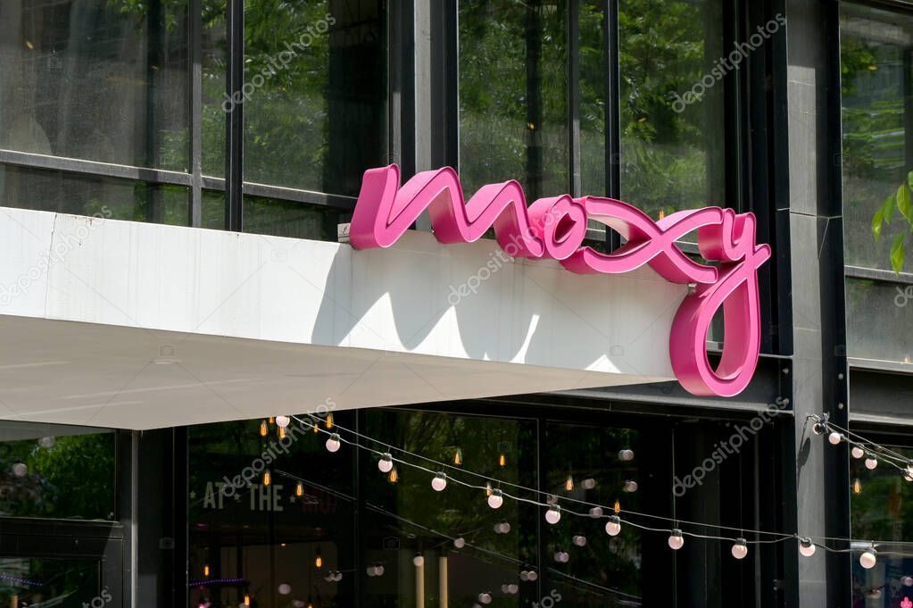 Washington DC, USA - 3 May 2024: Sign above the entrance to the Marriott Moxy hotel in downtown washington DC