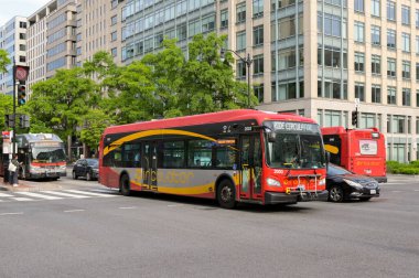 Washington DC, ABD - 30 Nisan 2024: Metrobus kamu hizmeti otobüsü Washington DC şehir merkezinde bir sokakta sürüyor