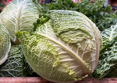 Pazarda satışta olan taze lahana manzarası. Kimse yok..